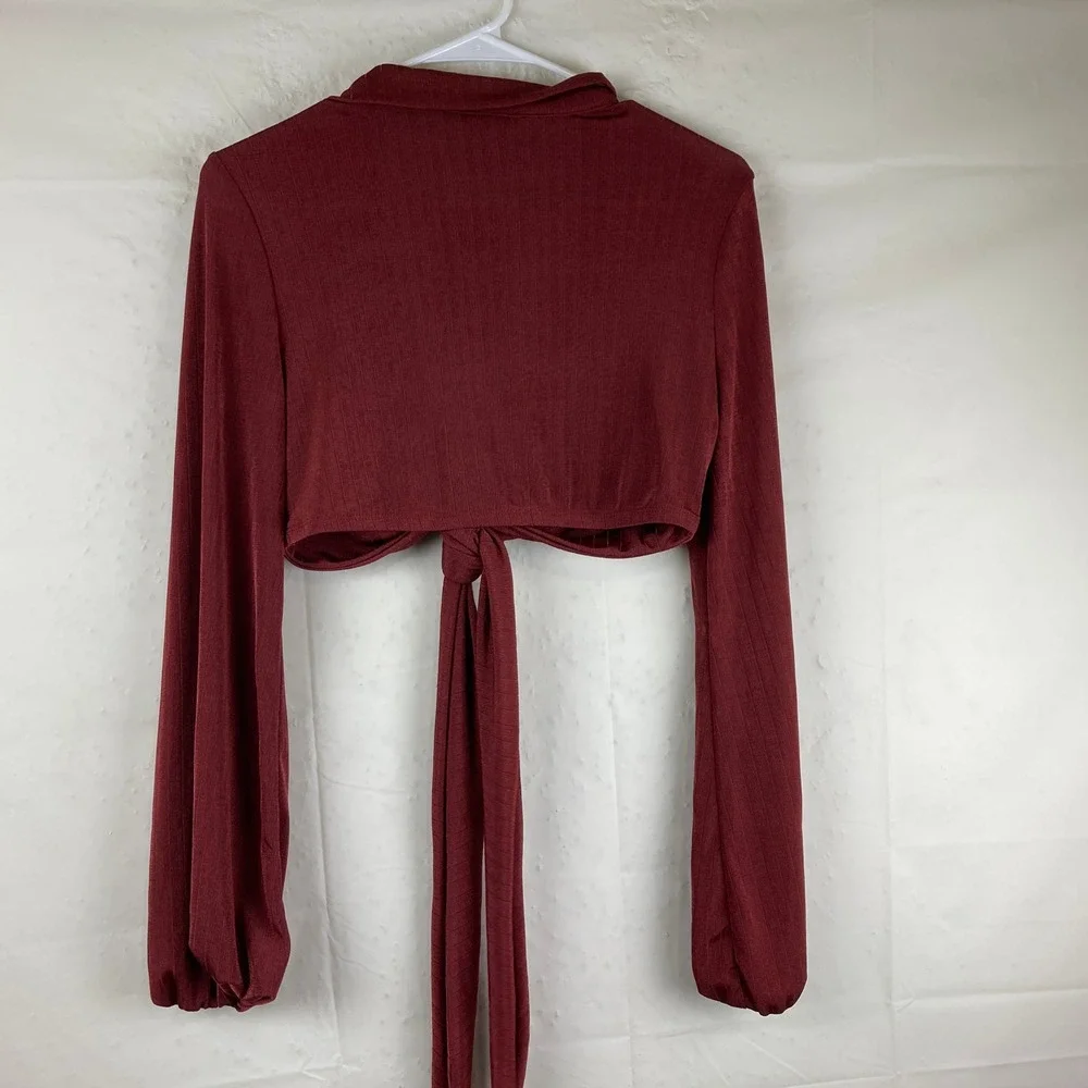 NEW Fashion Nova Slinky Crop Top Womens L Brick Red Tie Front Ribbed Boho Hippie